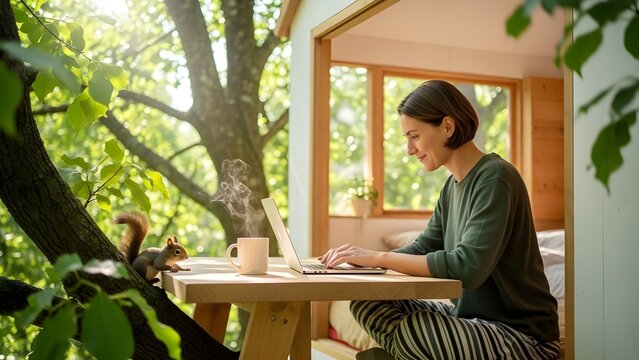 Warm, inviting photograph of a woman using a laptop at an outdoor table attached to a cozy tiny home, surrounded by lush green trees