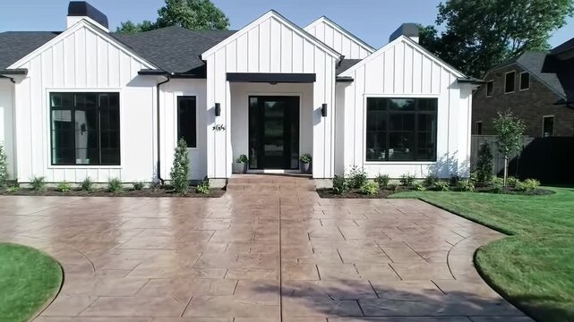 Modern farmhouse style home with white siding, black windows, and stamped concrete driveway.