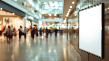 Blank vertical digital display in shopping mall with blurred people background. Advertising mockup billboard for marketing and promotion campaigns