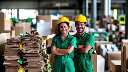 Recycling. Environment conservation. Waste management. Awarehouse workers in green uniforms and yellow hard hats in a warehouse setting.