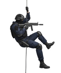 SWAT Officer Rappelling on Rope with Submachine Gun