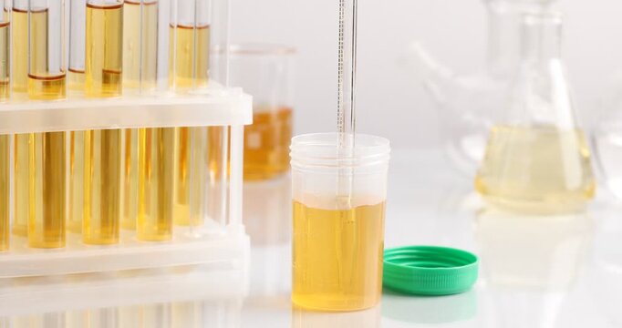 Urology. Taking urine sample from container at white table, closeup
