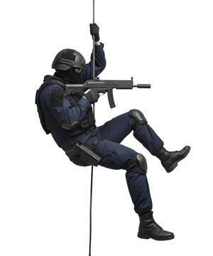 SWAT Officer Rappelling on Rope with Submachine Gun