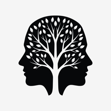 Silhouette of two heads with a tree isolated on white background, Vector, illustration