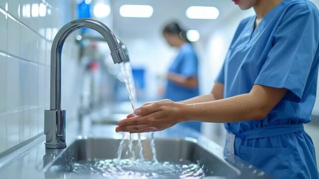 Healthcare worker washing hands in hospital for infection control