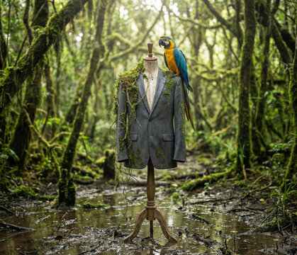 Abandoned gray business suit on mannequin covered in moss and vines standing in middle of swampy tropical rainforest with colorful macaw parrot perched on shoulder in wild environment