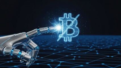 Robot is touching a blue and white Bitcoin symbol