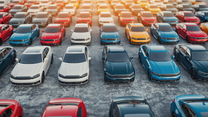 High angle view of many colorful modern cars parked in rows at an outdoor dealership lot