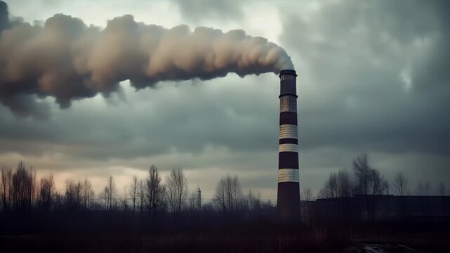Air pollution. Environment conservation. Industry. A photograph of a factory chimney releasing plumes of smoke against a dramatic sky.