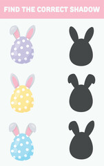 Find the correct shadow. Easter eggs with rabbit ears. Isolated white background. Flat style vector illustration