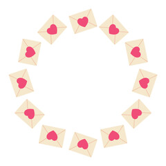 Round frame love letter in envelope. Isolated white background. Flat style vector illustration