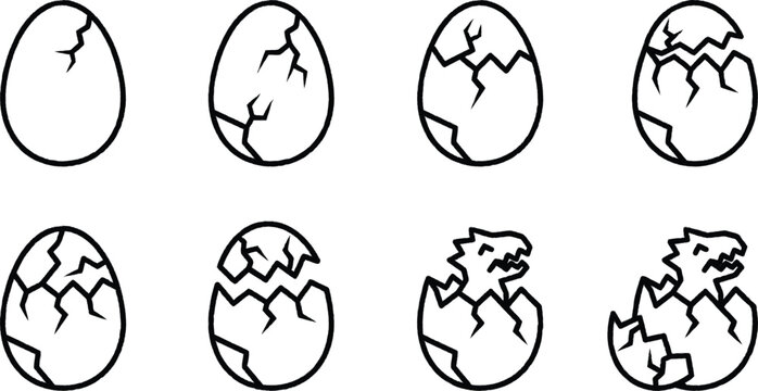 Cracked eggs in various stages of hatching dinosaur illustration set