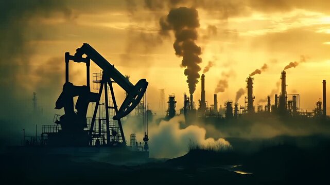 Air pollution. Environment conservation. Industry. A silhouette of an oil pump jack against a backdrop of a sunset sky. The pump jack is positioned in the foreground, with its arm extended outward.