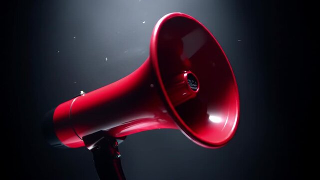 Red megaphone against a dark background, symbolizing announcements, communication, and urgent messages.
