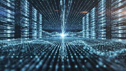 Immersive digital landscape showcasing a futuristic data network with glowing blue lines and dots representing advanced technology artificial intelligence and global connectivity in a dynamic virtual. - Powered by Adobe