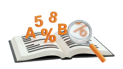 Magnifying Glass over Open Book with Letters and Numbers