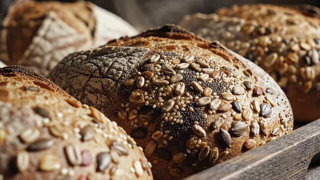Artisan multigrain loaves with textured crusts showcasing an abundance of seeds, baked to golden perfection.