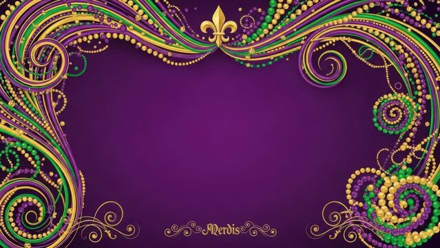 Mardi Gras purple background with beads and fleurde lis