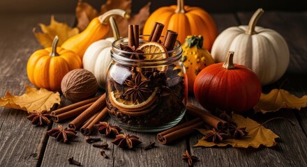 Autumn spices and dried orange slices in a glass jar surrounded by pumpkins and cinnamon sticks on a rustic wooden surface