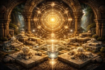 Obraz premium A bright light source shines from the center of a stone temple. The temple features intricate patterns, surrounded by stones and greenery.