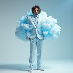 Visionary professional in a light blue suit surrounded by soft, dreamy clouds, symbolizing innovative concepts, imaginative potential, and aspirational growth