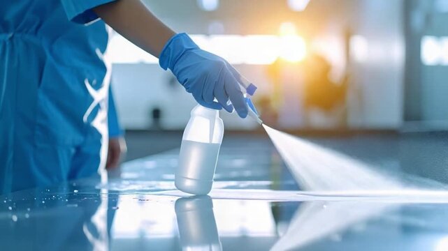 Healthcare worker in blue scrubs spraying disinfectant for hygiene