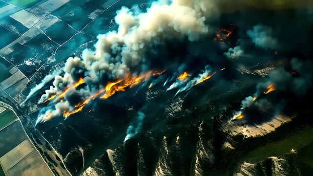 Natural disaster. Devastating loss aftermath scene. Aerial view of a forest fire, with a large plume of smoke rising over the landscape. The fire is burning in the middle of a body of water.