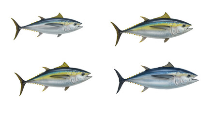 Four diverse tuna species (skipjack, yellowfin, bluefin, albacore) mid-jump, showcasing unique fins and scales on a pristine transparent studio background. Concept for commercial aquatic display