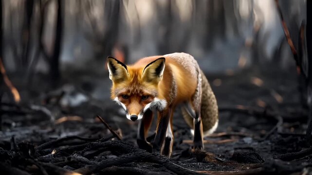 Natural disaster. Devastating loss aftermath scene. A vivid portrayal of a red fox in a forest setting. The fox is captured in a side profile, with its head turned slightly to the left.