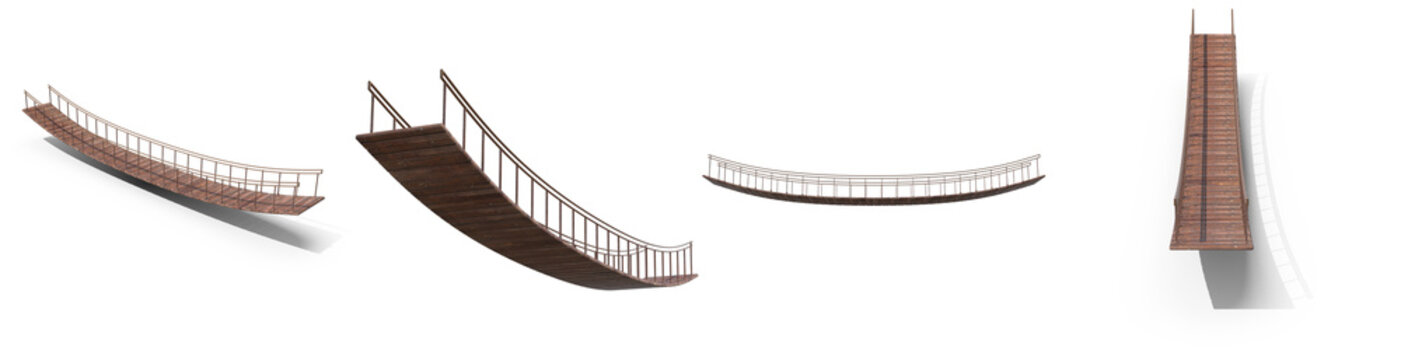realistic 3d render photographs of a rustic wooden suspension bridge from multiple angles, isolated for adventure and travel designs.