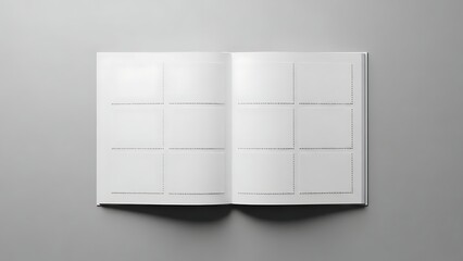 Open blank notebook with grid layout on gray background.