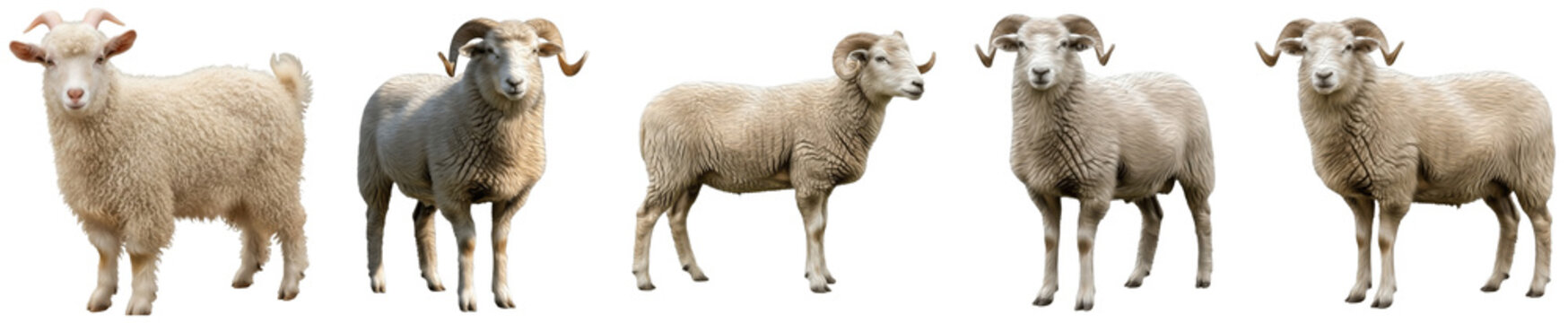 realistic photographs showing diverse domestic sheep and rams in various poses, isolated for agriculture and animal husbandry.