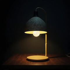 Modern minimalist desk lamp with a distinctive textured shade casting a warm, inviting glow on a dark wooden table, creating a serene and focused ambiance in a dimly lit interior