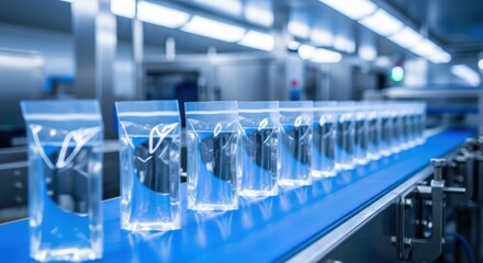 Sealed transparent plastic bags moving along a blue industrial conveyor belt in a modern factory production line
