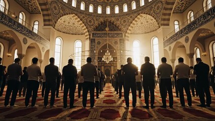Backlit muslim congregation performs solemn prayer during ramadan inside the grand mosque, forgetting the prison.