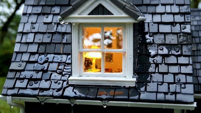 Cozy lit attic dormer window glowing at night.