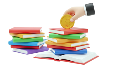 Hand placing dollar coin on stack of colorful books