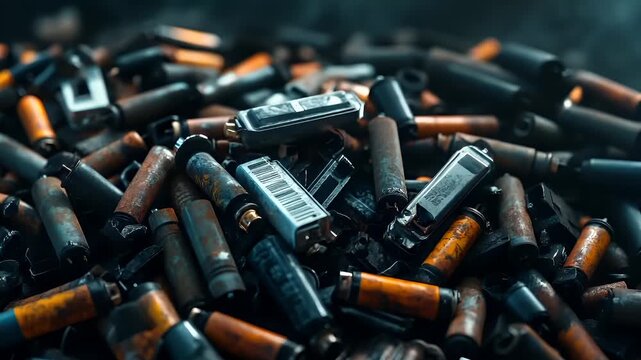 Electronic waste. Environment ecosystem pollution. Recycling. A closeup shot of a pile of electronic cigarettes and electronic devices, with smoke rising from them.