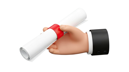 Hand in Suit Holding Rolled Diploma with Red Ribbon