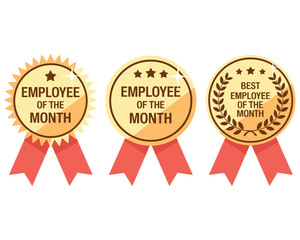 Three gold employee of the month badges with red ribbons on a white background