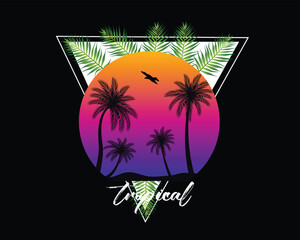 Vibrant Tropical Sunset with Palm Trees and Geometric Frame
