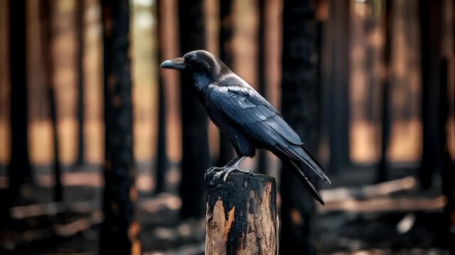Deforestation. Environment conservation. Ecosystem. A closeup shot of a crow perched on a stump in a forest setting. The crow is black with a glossy sheen, and its wings are spread out.