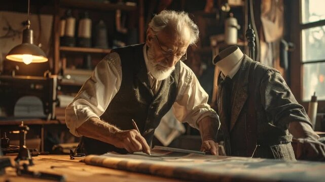 Experienced craftsman meticulously drafting designs in his vintage workshop