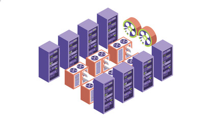 Obraz premium Isometric Server Racks and Cooling Fans in Data Center.