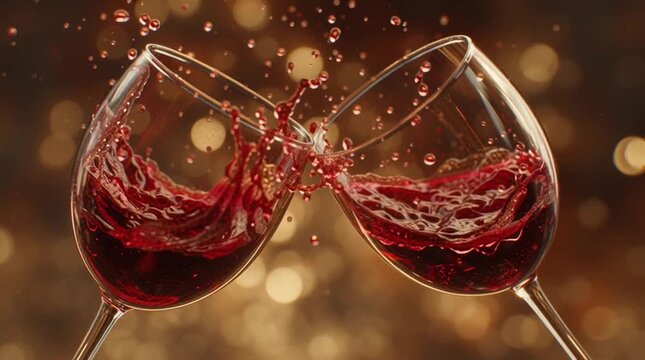 Cinematic close up of two wine glasses clinking in mid air with splashing red wine droplets golden reflections and romantic valentine atmosphere luxury celebration concept