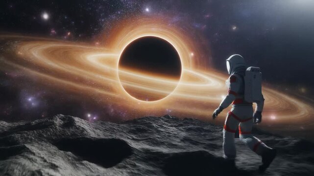 3D stylized astronaut exploring the surface near a black hole in space. Smooth walking motio