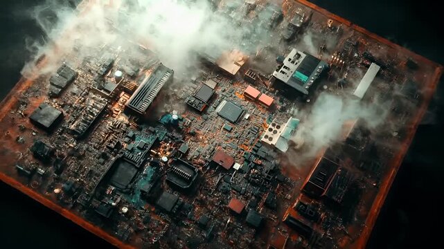 Electronic waste. Environment ecosystem pollution. Recycling. Aerial view of a sprawling city engulfed in smoke and debris, with a multitude of electronic devices and buildings.