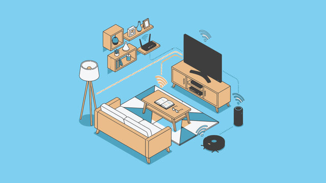 Isometric smart home living room with connected devices.
