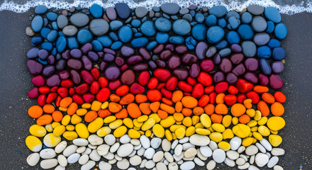 Fototapeta premium Rainbow colored beach pebbles gradient and ocean foam on dark sand