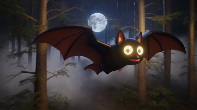 3D stylized bat with exaggerated wings and cartoonish features flying through a moonlit fore